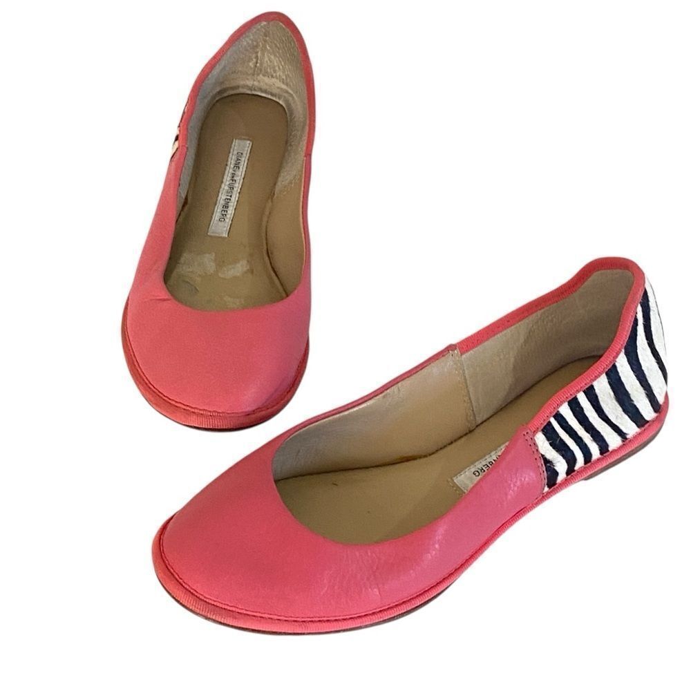 DVF Diane Von Furstenberg Pink Zebra Print Leather Ballet Flats Sz 6